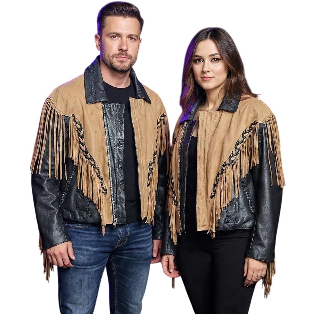 80s Vtg FMC 2 Tones Leather Jacket Men's L Fringe‎ Biker Western Thinsulate Coat